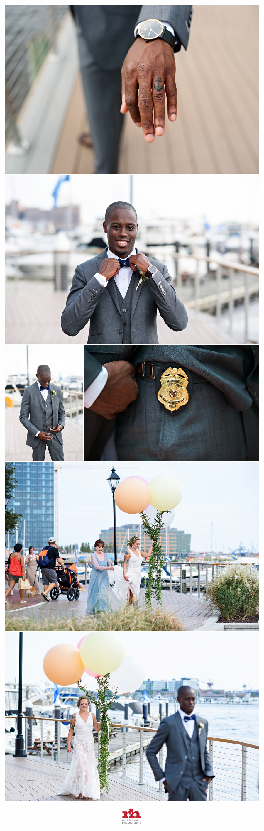 A bride and groom have their first look on the dock in fells point in Baltimore, MD.